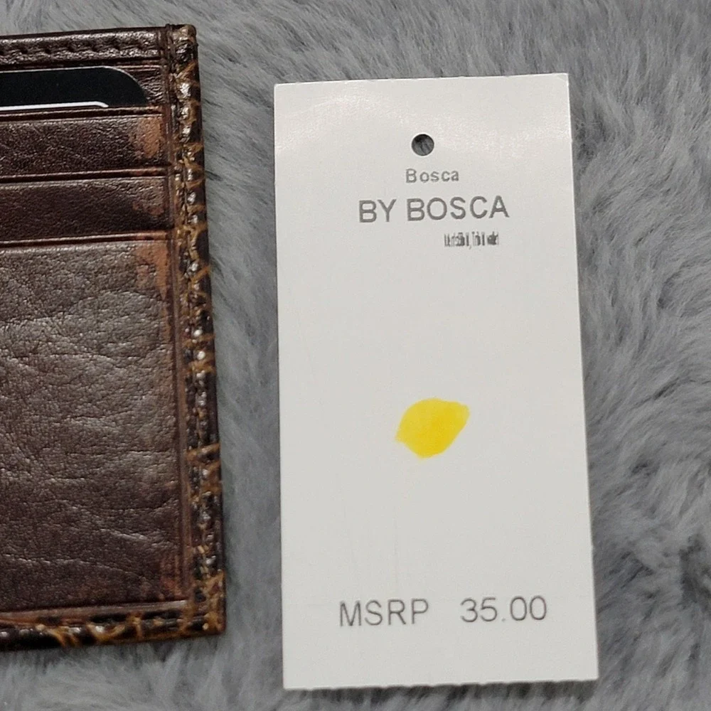 Bosca Wallet Mens Brown Leather Bifold Croc Embossed Credit Card Essentials